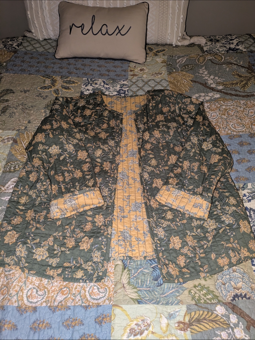 J. Jill Quilted Floral Jacket in Olive Green and Mustard